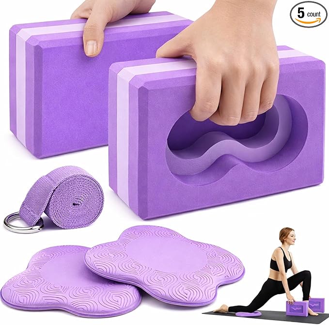 2 Pack Yoga Blocks Wrist Support Yoga Blocks with Knee Pads and Strap to Put Less Weight on Wrist Improve Comfort and Grip, EVA Foam Pilates Exercise Balance Stretching Accessories