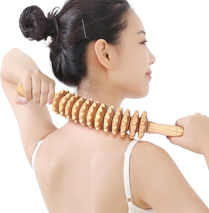 Wood Massage Roller Muscle Roller Fascia Blaster Lymphatic Drainage Massager Wood Therapy Massage Tools for Deep Tissue Muscle Pain Relief(12-Wheel)