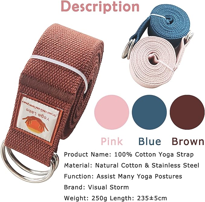 8ft 240g Super Thick Fitness Yoga Strap for Stretching, 3 Color Pure Cotton Durable Fitness Belt Bands Exercise Safe Adjustable D-Ring Buckle Gym Press Rope, Physical Therapy Tools