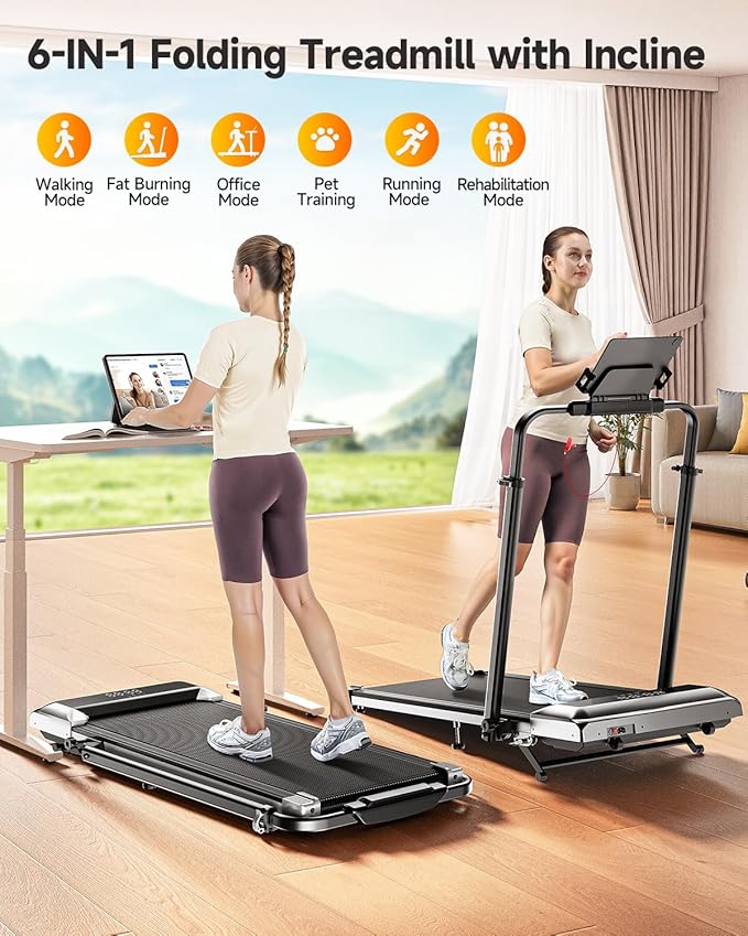Walking Pad Treadmill with 12% Incline, 6 in 1 Folding Treadmill with Adjustable Handle Bar for Home/Office, Under Desk Treadmills Portable Walking Pad with App, Remote Control & LED Display
