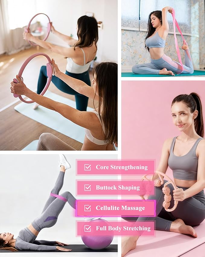Home Workout Pilates Kit for Women, Better me Pilates Ring and Ball Set Essentials Equipment, with 5 Resistance Bands, Massager Roller, Yoga Starter Accessories for Toning Arms, Thighs & Core