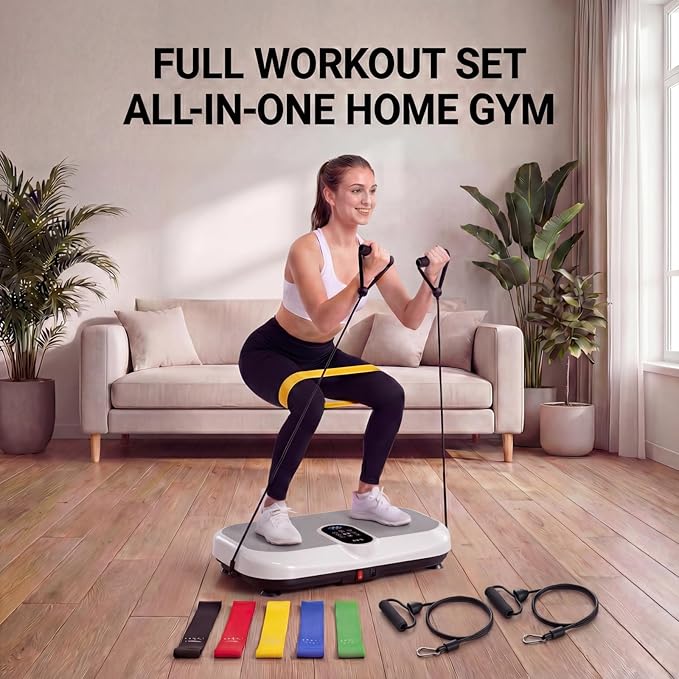 Vibration Plate Exercise Machine for Lymphatic Drainage & Weight Loss, Heated Vibrating Platform Full Body Workout Equipment, 440lb Capacity Home Gym Shaker Board with Bluetooth & Resistance Bands