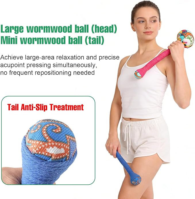 2PCS Herbal Wormwood Lymphatic Drainage Anti Slip Manual Massage Hammer Longer Handle Back Massager for Shoulder, Neck & Muscle Pain Relief (Rose Red/Dark Blue)