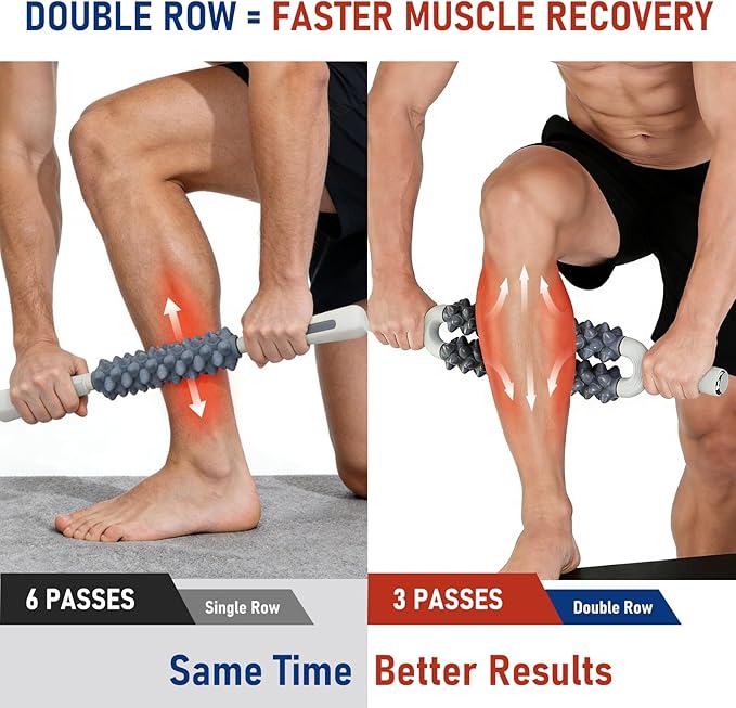 Muscle Roller Stick, Double Row Deep Tissue Massage Stick for Muscle Recovery, Portable Massage Roller for Legs, Calves & Back, Trigger Point Therapy for Athletes & Runners