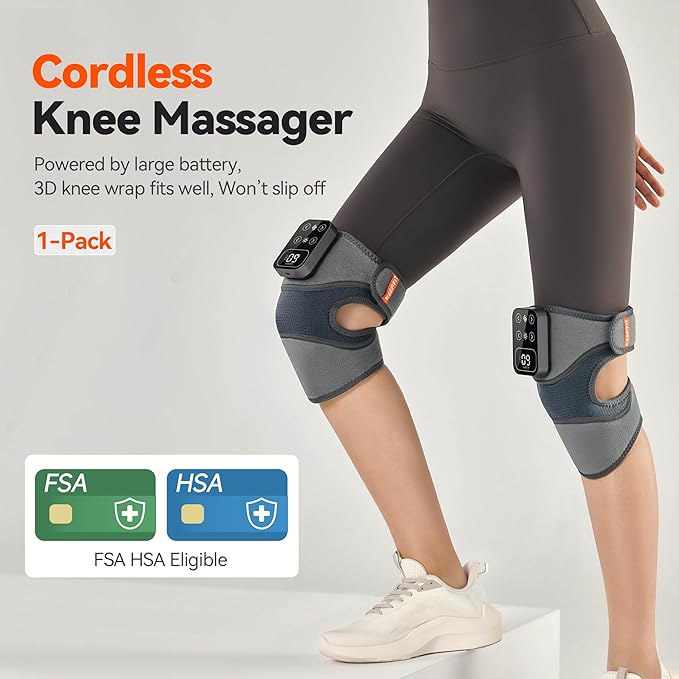 Cordless Knee Massager with Heat Vibration for Pain Relief, MAXwarm 4.0[2026 Upgraded] - Electric Heated Knee Brace with 5 Heat Levels and 3 Massage Mode, Gifts for Men Women (Grey, Single)
