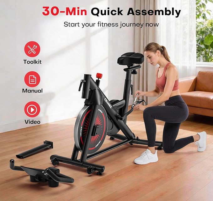 CHAOKE Exercise Bike, Quiet Adjustable Magnetic Stationary Bike for Home Cardio with App Compatible, 350LB Weight Capacity Indoor Cycling Bike with Large Seat, Dumbbell Rack, Pull Cords & LCD Display