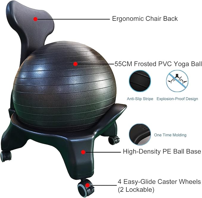 Active Sitting Exercise Ball Chair for Adults - Ergonomic Office Yoga Ball Chairs, Improve Back Pain and Balance, Lockable Wheels, Foot Pump - Buy Now on Amazon