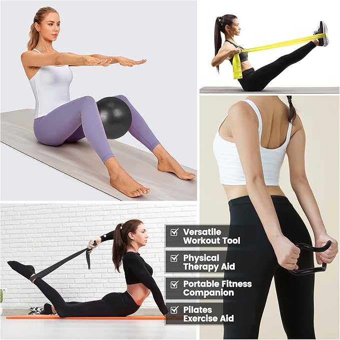 Home Pilates Essentials Kit for Women - Complete Pink Equipment Set with 9 Inch Yoga Ball, Figure 8 Resistance Band, Bands & Accessories, Ring for Beginners Workouts