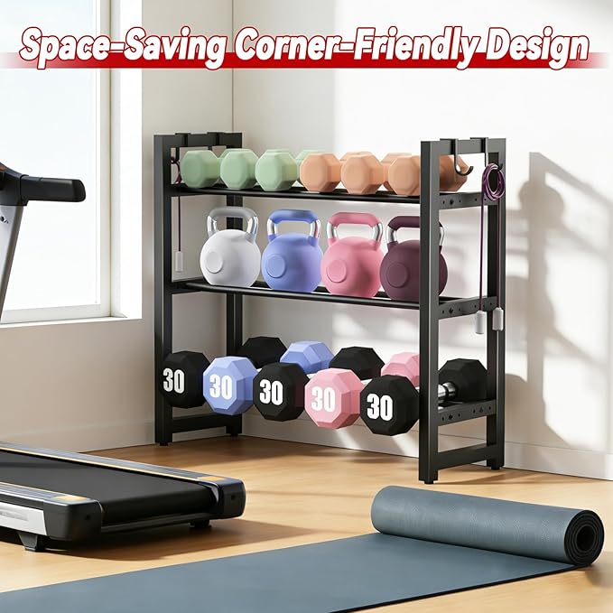 3 Tier Small Adjustable Dumbbell Rack, 390LBS Heavy Duty Weight Storage Rack with Side Hooks, Space-Saving Weight Rack for Home Gym (Rack Only)