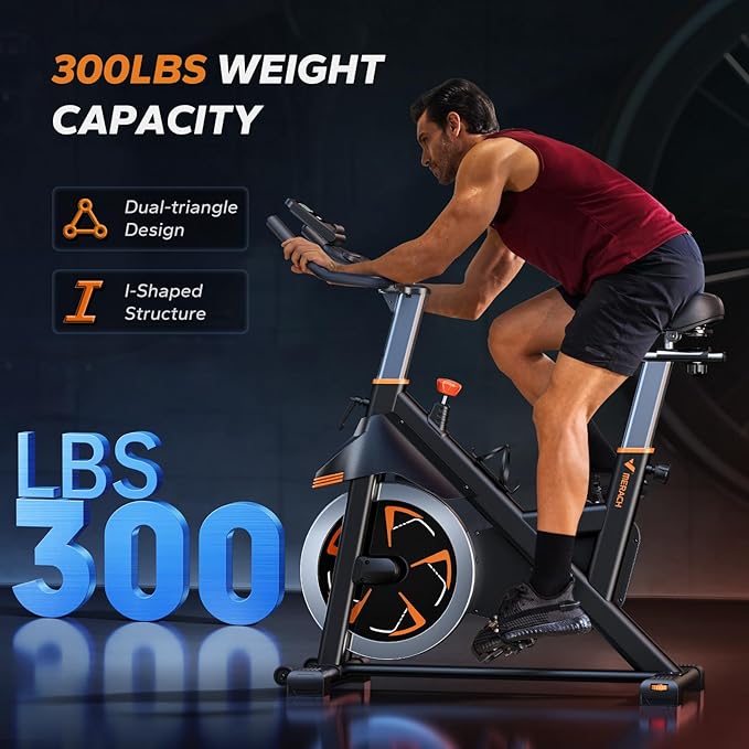 Merach Exercise Bike for Home Gym, Low Noise Stationary Bike with Brake Pad, Indoor Workout Bike with Self-Developed App, Tablet Mount and Fitness Courses for Weight Loss, 300 Lb Weight Capacity
