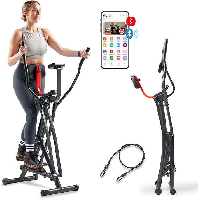 Sunny Health & Fitness Foldable Air Walk Elliptical, 30" inch Long Stride Full-Body Cardio Cross Trainer Glide Exercise for Home Office, SunnyFit App via Bluetooth with Optional Adjustable Resistance
