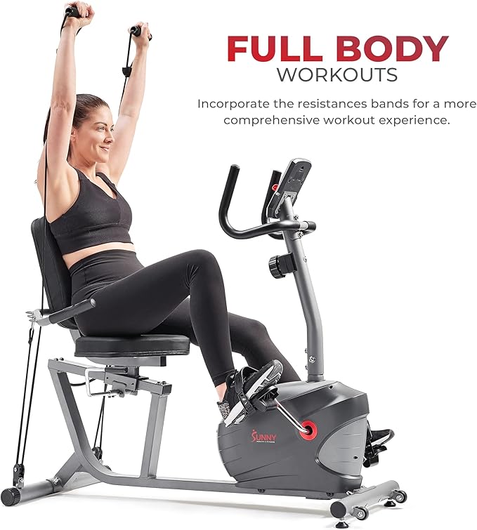 Sunny Health & Fitness Smart Magnetic Recumbent Bike, Home Cardio Trainer & Cycling Machine for Seniors, Free SunnyFit App Connection, Optional Hand Cycle, Resistance Bands, or Pulse Sensors