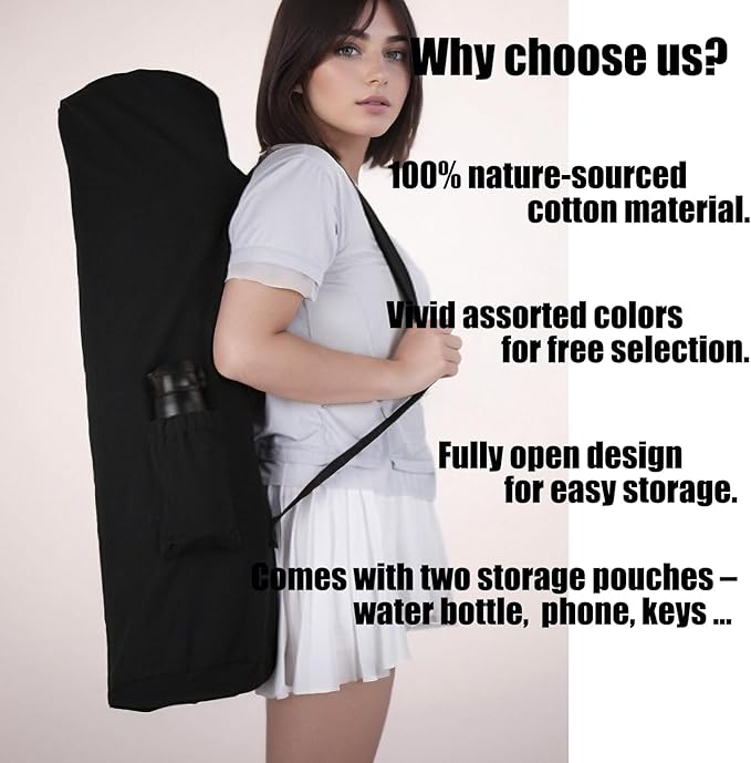 Cotton yoga mat bag with Pockets and Adjustable Strap - Full Zip Cargo Yoga Mat Carrier Bag - Bag for 1/4" 1/3" Thick Yoga Mat