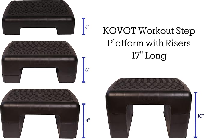 KOVOT Workout Step Platform with Risers for Aerobics, Yoga & Pilates – Step Deck with Adjustable Height Risers – Mobility Step for Seniors / Step Stool for Kids, Pets & More – Home Gym Cardio Fitness Lightweight, Compact & Portable