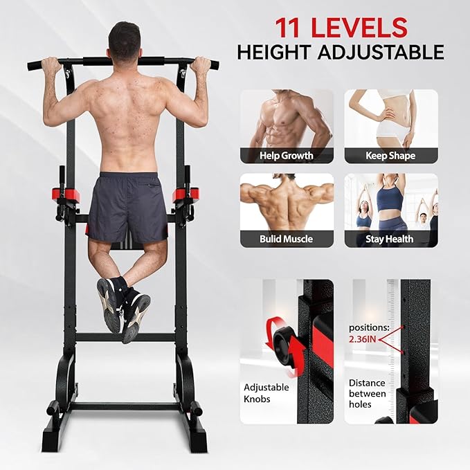 Power Tower Dip Station Pull Up Bar for Fitness Home Gym Workout,Multi-Function Adjustable Height Fitness Strength Training Exercise Equipment,with Power Elastic Ropes