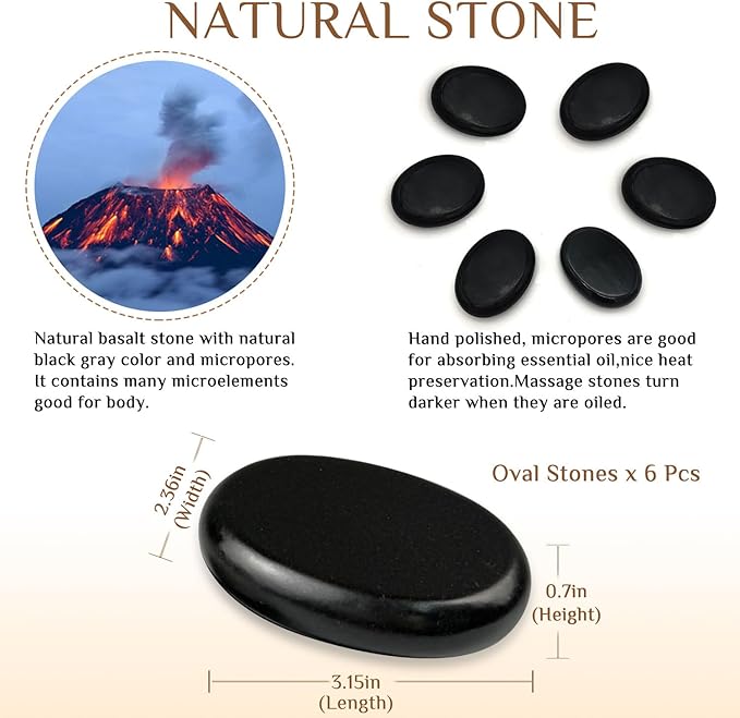 Hot Stones Massage Set - 6 Large Oval Basalt Hot Stones Massage Kit, 2.36 * 3.15 Inch Hot Rocks Massage Stones for Professional or Home SPA, Relaxing, Healing, Pain Relief