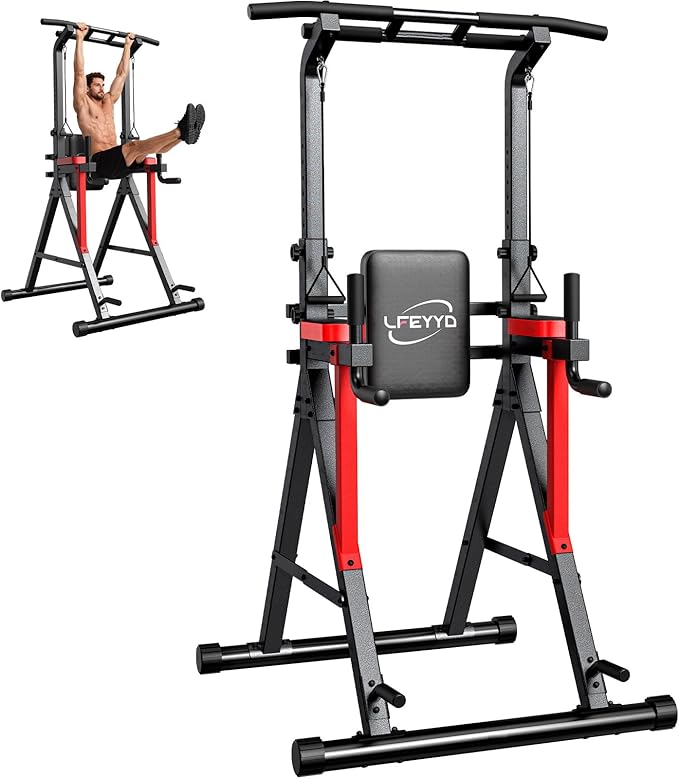 Power Tower Pull Up Bar Free Standing, 13-Level Adjustable Height Dip Station with X-Frame Stability, Multi-Grip Handles, Backrest, Anti-Slip Foot Pads, Home Gym Strength Training Equipment 400LBS