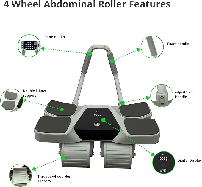 2026 New 4-Wheel Abdominal Roller with Elbow Support : Latest Upgraded High-Performance Exercise Machine With Automatic Rebound, Multi- layered Anti-Slip Design with Calorie Counting LCD Screen