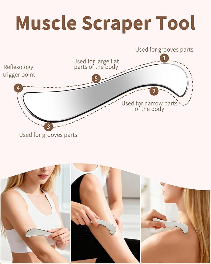 VGY Stainless Steel Gua Sha Facial Tools Set, Tighten Skin Massage Guasha Beauty Tool, Metal Guasha Tool for Face, Face Massager Tool for Body Eyes Neck - Silver