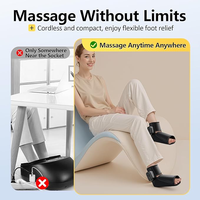 Comfytemp Air Compression Therapy Device K1007, Portable Foot Massager with Heat, Cordless Ankle Massage Boot for Pain Relief and Circulation, Ideal for Men Women Seniors (Fit Size 6 to 10)