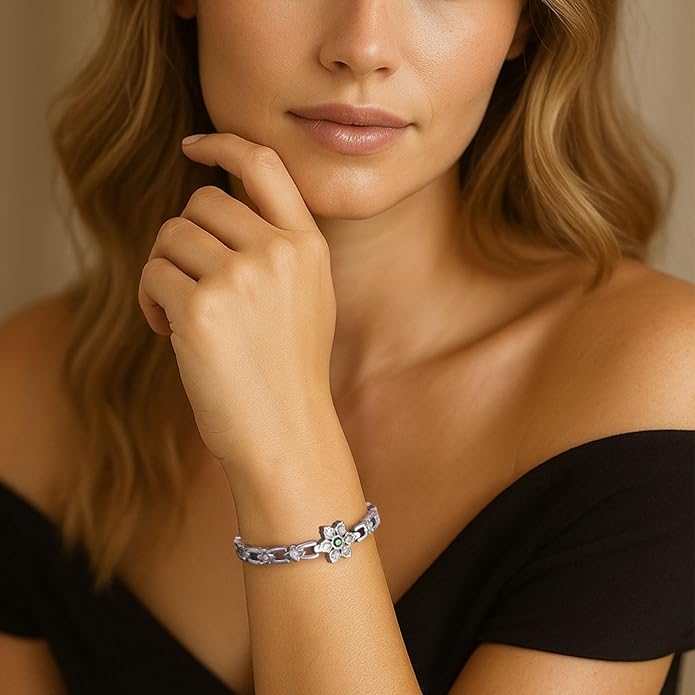 RainSo Women's Magnetic Snowflake Bracelet - Stainless Steel Bracelet - Deep Green Gemstone and Crystal Inlay Design - Adjustable Size Comes with Gift Box -Christmas Holiday Gifts for Her