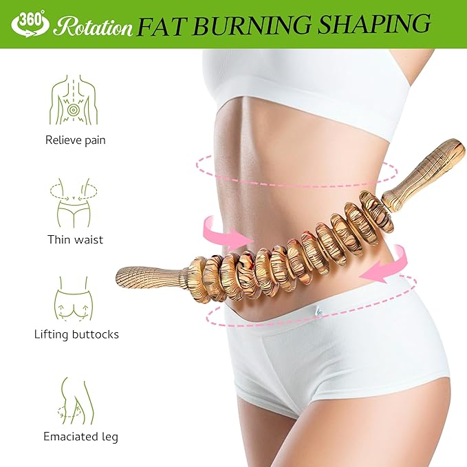 Wooden Curved Handheld Roller Massager Stick- 12 Rollers Wood Therapy Tool for Trigger Point, Fascia & Cellulite Reduction, Lymphatic Drainage, Muscle Tension Relief & Body Shaping (Wood Grain)