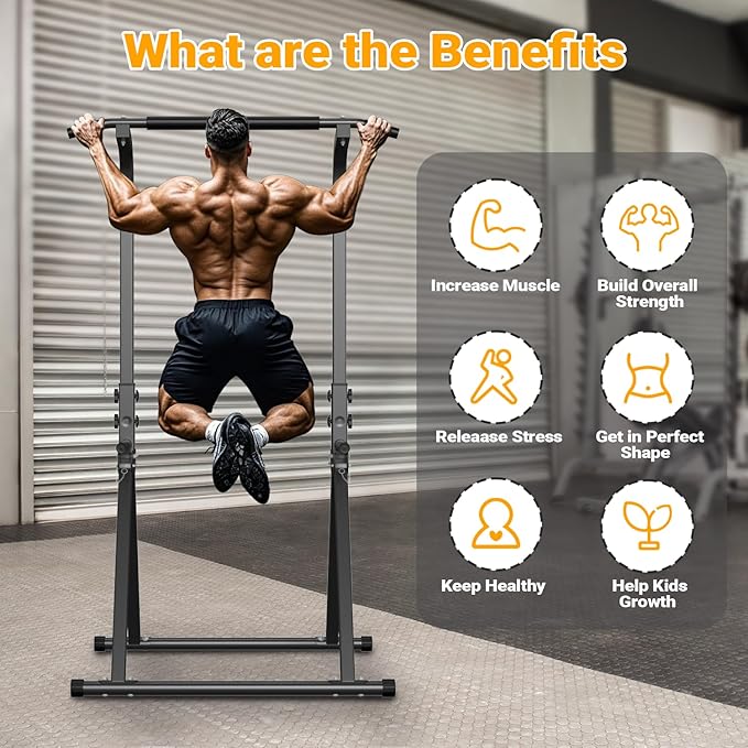 Foldable Pull Up Bar Free Standing Multi-function Power Tower Dip Bar with Assistance Bands Home Gym Strength Training Equipment