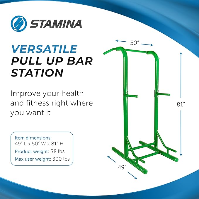 Stamina Pull Up Bar Tower & Dip Station, Free Standing Outdoor Home Gym Equipment, Green - Adjustable and Portable Workout Stand for Calisthenics Body Weight Training