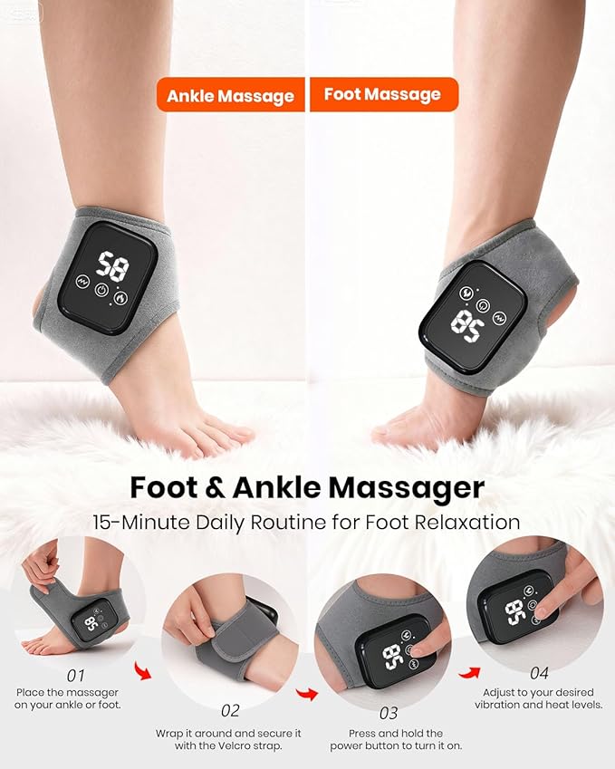 Foot Renew Massager for Neuropathy, 3-in-1 Cordless & Portable Foot and Ankle Massager for Heel, Arch & Ankle Relief, 3-Level Vibration & Heat, Ideal Gift, Includes Extension Strap (Gray)