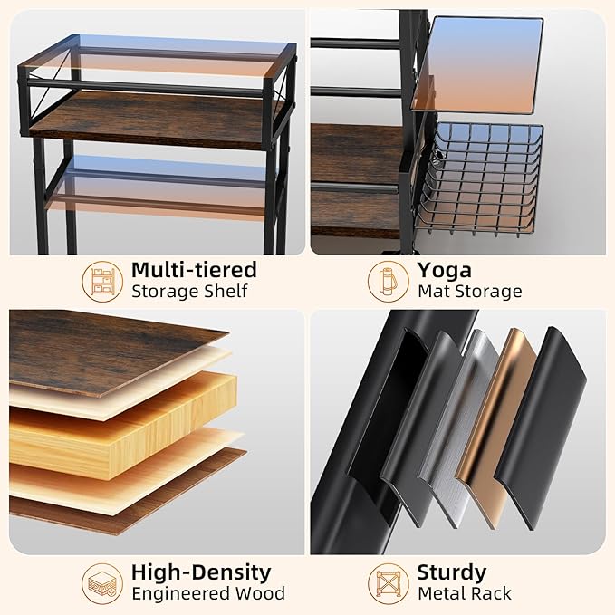 4 Tier Home Gym Storage Rack with Wheels, Yoga Mat Rack Small Dumbbell Weight Rack, Multi-Functional Wood Metal Gym Equipment Storage Rack Workout Cart for Women Kettlebell Fitness Organizer