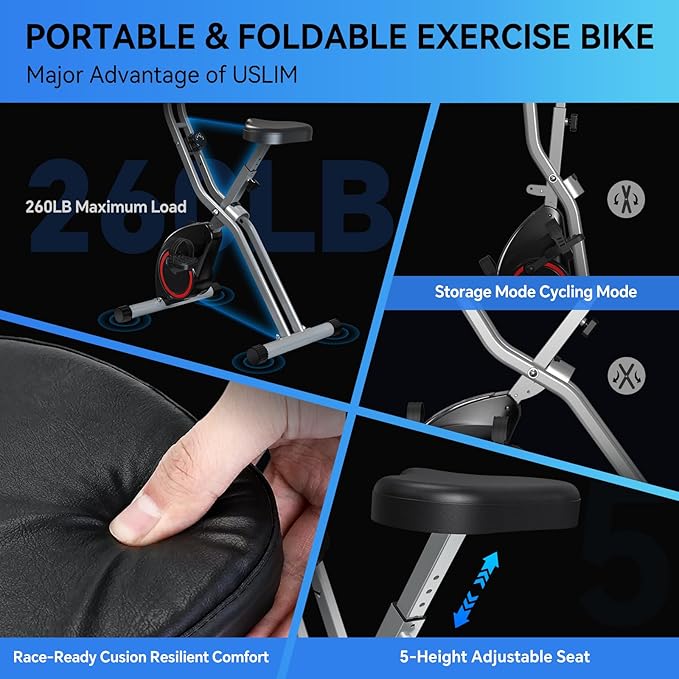 Foldable Exercise Bike Stationary Bikes for Home, 5 IN 1 Indoor Workout Bike, Cycling Bike with 16-Level Quiet Magnetic Resistance, 6.6 LBS Flywheel and 300LBS Capacity for Senior and Home Workout