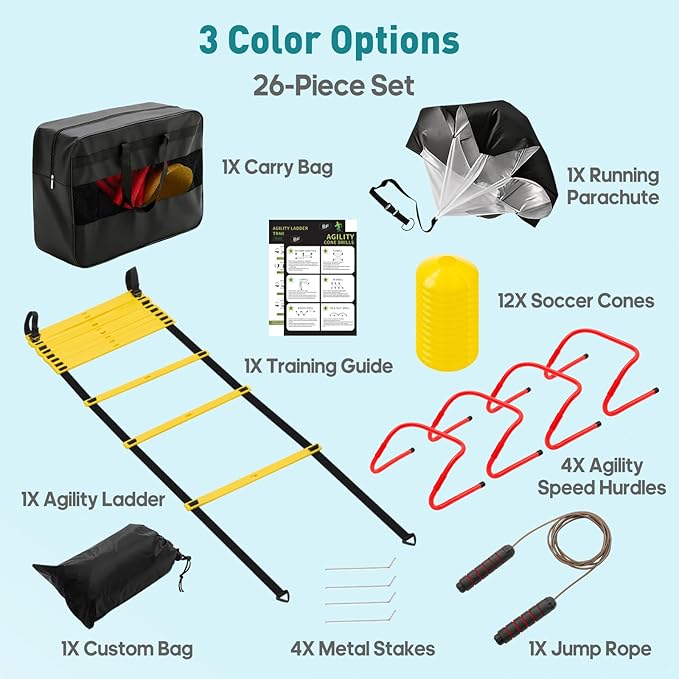 OLIXIS Soccer Agility Training Equipment Set- 20 ft Speed Ladder, 12 Soccer Cones, 4 Agility Hurdles, Jump Rope, Resistance Parachute Speed Training Equipment for Kids, Youth, Adults