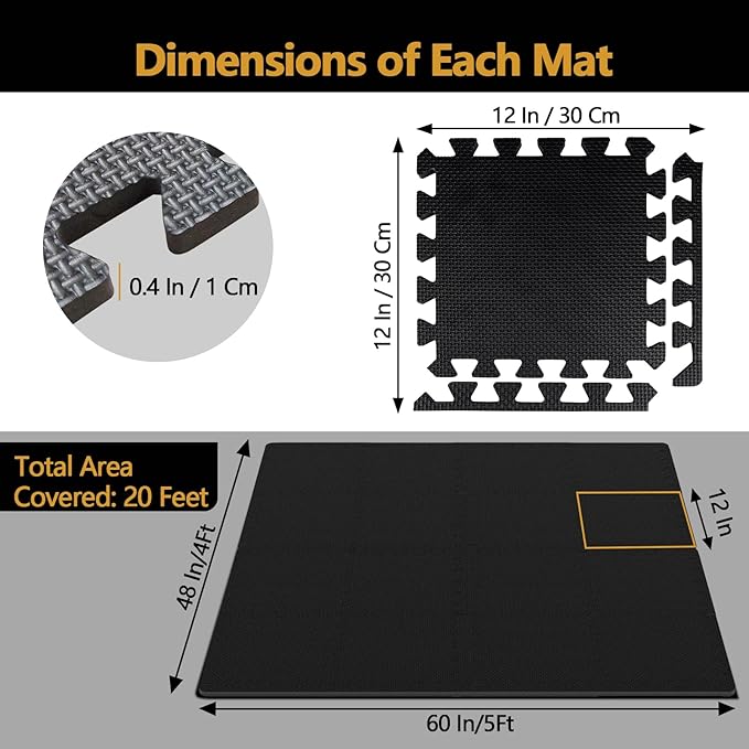 Interlocking Gym Foam Tiles 12 "× 12 ", EVA Foam Gym Flooring for Home Gym, 20 Tiles Non-Slip & Shock-Absorbing Waterproof Floor Mats, Protective Flooring Mat for Workout Equipment, Easy to Store