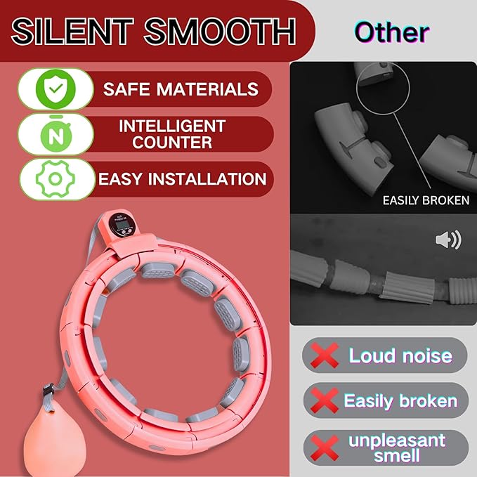 Smart Silent Weighted Exercise Infinity Hoop - Patent Pending (80% Quieter + Auto Count), Adjustable 30"-50" Fitness Hoop for Adults, Core Ab Workout with Circle for Women & Men (Brownish red)