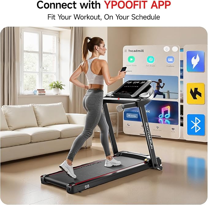 RHYTHM FUN 8.0 MPH Treadmills for Home, Running Walking Pad Treadmill with Incline up to 8%, Foldable Treadmill with Handle Bar, Low Noise Walking Pad for 300 lbs