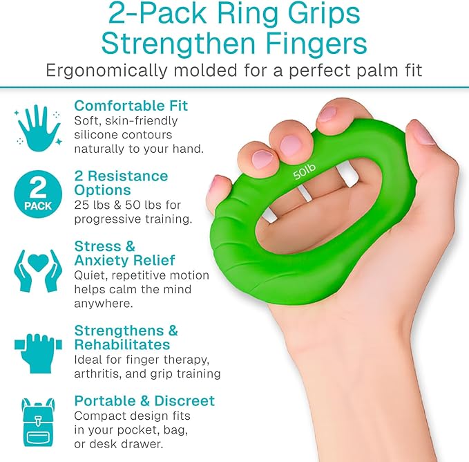 Vive Hand Strengthener Grip Ring - Forearm Ring Hand Exercisers - Silicone Squeezer Gripper for Muscle Strengthening Training Tool - Arthritis Finger Physical Therapy PT Kit Trainer (Textured 2 Pack)