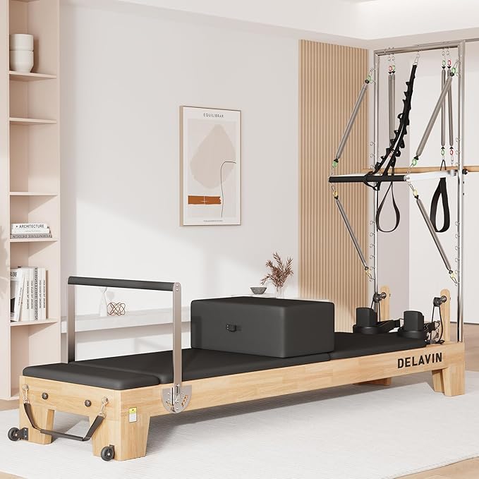 DELAVIN Pilates Reformer with Tower, Pilates Machines with Springs, Sitting Box, Jump Board and Accessories, Solid Wooden Pilates Equipment for Studio, Gym and Home Workout (FBA)