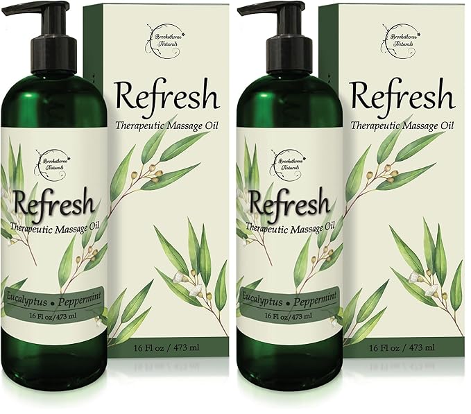 Refresh Massage Oil for Massage Therapy with Eucalyptus & Peppermint Essential Oils - All Natural, Great for Sore Muscles. Ideal for Full Body Relaxation – Nut Free Formula 16oz (Pack of 2)