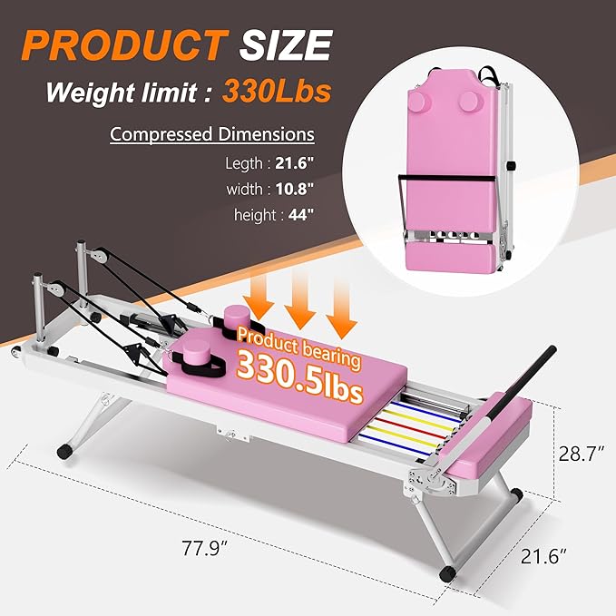 Pilates Reformer Machine, Foldable Pilates Reformer Machine Equipment for Home and Gym, with Dual Resistance, Springs and 5 Cords, Up to 330 lbs