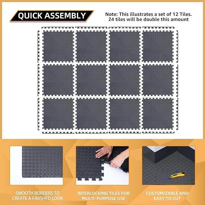 24 Pack, 96 SQFT - 24" x 24" - 1/2" Extra Thick Floor Exercise Mat for Home Gym or Floor Padding - High-Density EVA Interlocking Foam Floor Tiles for Gym Equipment, Play Area | Yoga, Cardio, Weights