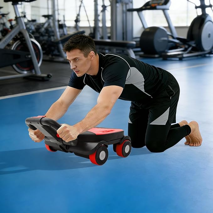 4-Wheel Ab Roller, Abdominal Wheel with Elbow Support for Home Gym, Portable Fitness Roller Workout Machine, Core Strength Training Equipment for Men Women