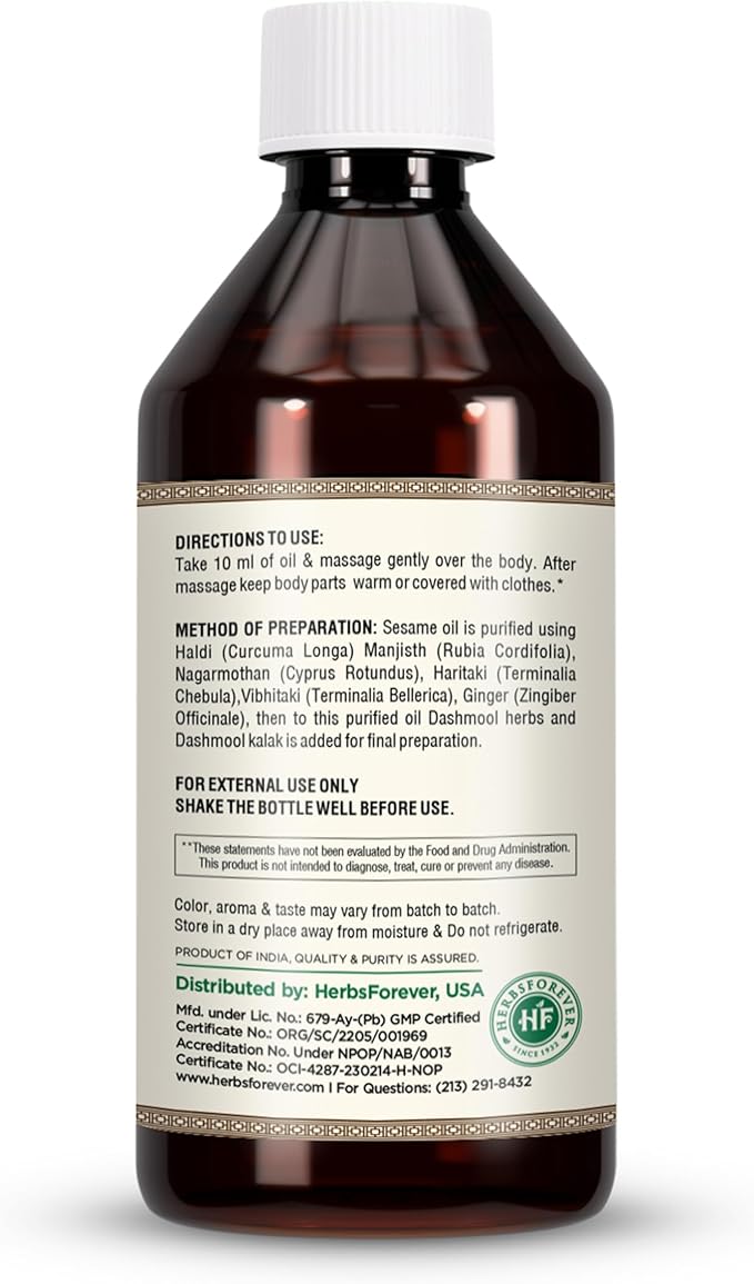 Herbsforever Dashmula Oil-Authentic Ten-Herb Roots Infused in Cold-Pressed Sesame Body Massage Oil | Vata Calming, Pain Relief, Joint Comfort, Muscle Sore, Postpartum Winter Chills|7.1fl oz, 210 ml