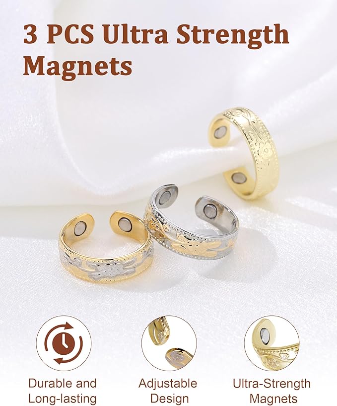 BioMag Magnetic Lymphatic Drainage Ring Set, 3 Pcs 99.99% Pure Copper Magnetic Rings for Women with 3500 Gauss Magnets, Adjustable Size, Floral Branch and Leaf Pattern
