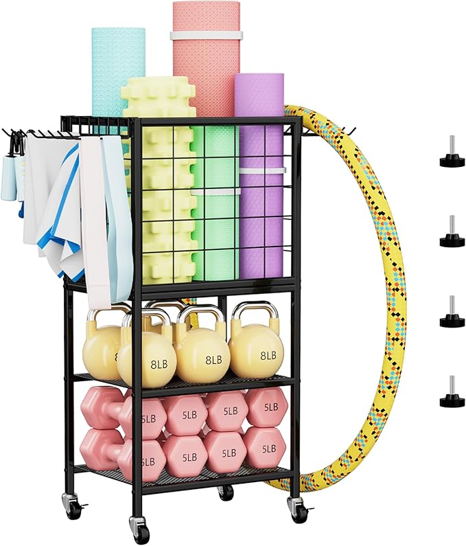Dumbbell Rack for Home Weight Rack for Home Gym Yoga Mat Storage Rack Black Workout Equipment Storage Organizer with Hooks Yoga Mat Holder with Wheels for Yoga Block, Dumbbell, Resistance Band