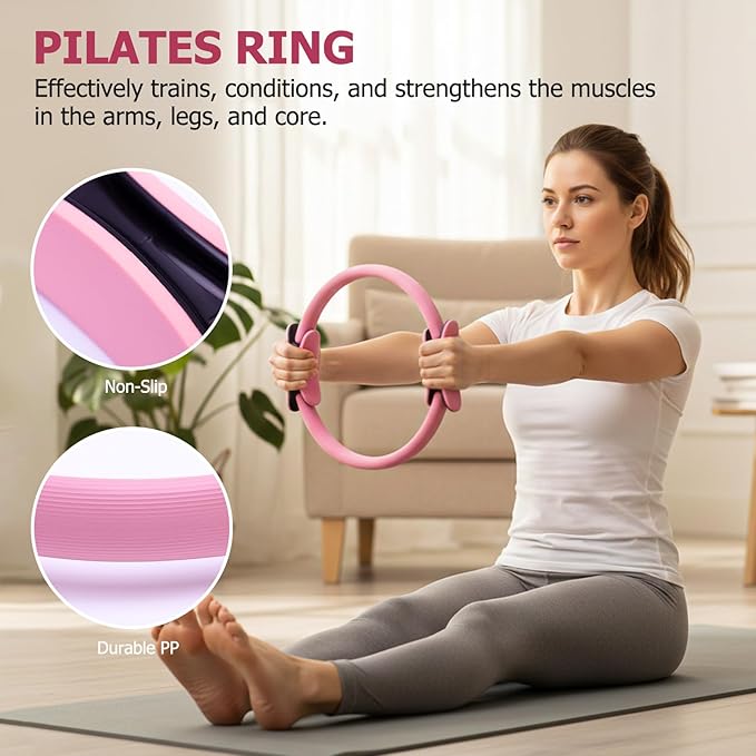 Pilates Kit for Women – All-in-One Home Workout Kit with Magic Circle, Resistance Bands, Mini Pilates Ball, Ankle/Wrist Weights, Carry Bag – Beginner Pilates Gift Set for Valentine's /Mother's Day