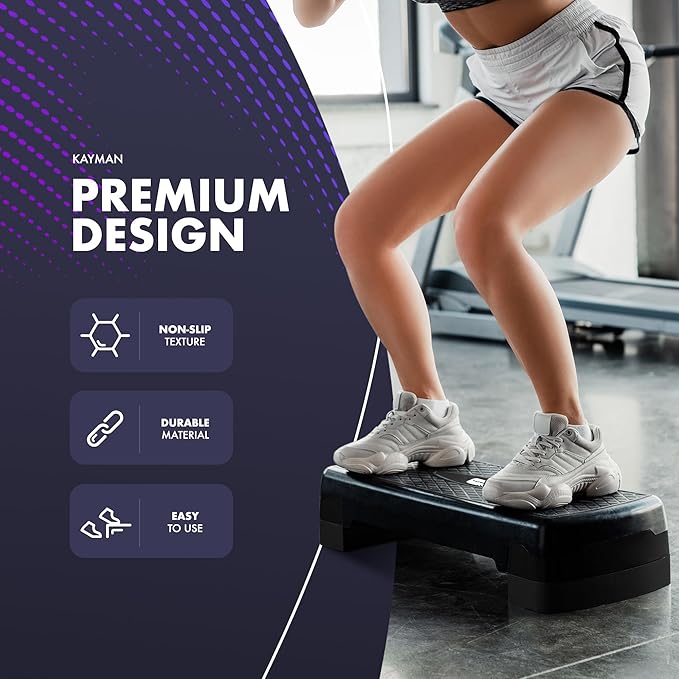 Exercise Steps – Fitness Stepper for Home & Gym, Suited for Aerobics, Cardio, Weights, Yoga, DVD Workout – Adjustable 2 Step Level Heights (10,15 cm) – Perfect Equipment Accessory Set