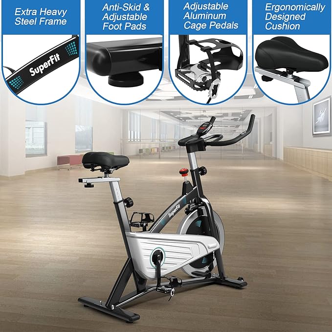 Goplus Magnetic Stationary Bike, Indoor Exercise Cycling Bike Smooth Belt Drive W/Heart Rate, LCD Monitor, Full Adjustment Near-silent Home Cardio Workout