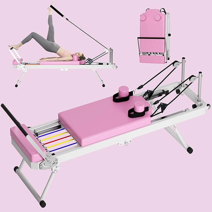 KEIKI Pilates Reformer Machine, Foldable Pilates Core Board Bed for Home Gym Workout, Multifunctional Yoga Studio Equipment w/Resistance Band & Adjustable Footbar Reformer Height, Easy Assembly
