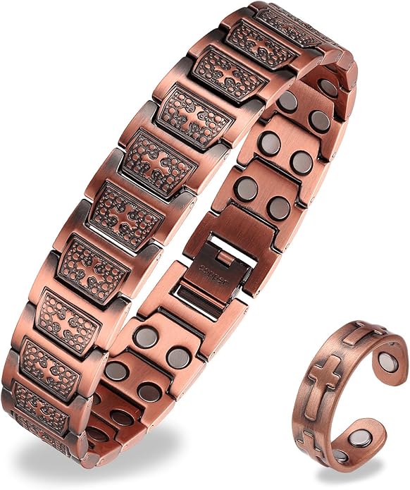 Magnetic Bracelet and Ring Set for Men, 99.99% Pure Copper Jewelry, Adjustable Cross & Celtic Knot Design, Gift for Dad