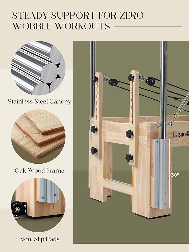Pilates Reformer Machine, Quick-Assembly Studio Grade Pilates Equipment for Gym and Home, Oak Wood Pilates Reformer with Reformer Accessories